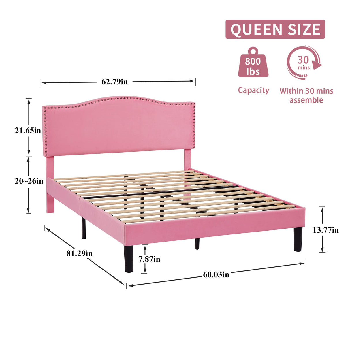 VECELO Queen Bed Frame Platform Bed Frame with Upholstered Headboard, Strong Frame and Heavy-Duty Slats Support, Non-Slip and Noise-Free, Easy Assembly,Pink VECELO