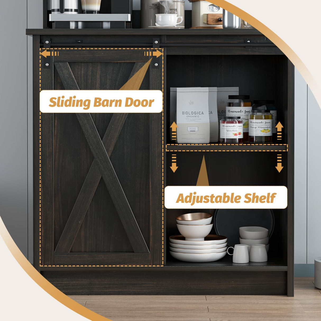 4ever2buy Farmhouse Coffee Bar Cabinet with Sliding Barn Door, 50'' Farmhouse Coffee Bar with 6 Hooks, Coffee Bar with Hutch for Living Dining Room, Dark Oak 4ever2buy