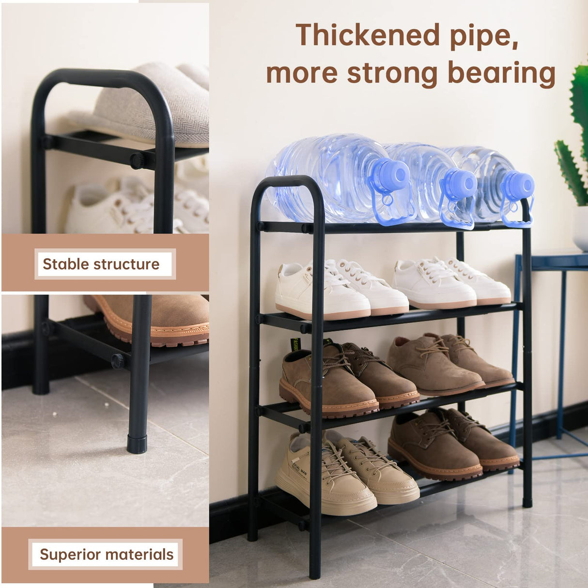 Gonfoam 4-Tier Expandable Shoe Rack,Adjustable Shoe Shelf Storage Organizer Heavy Duty Metal Free Standing Shoe Rack for Entryway Closet Doorway (Black) Gonfoam