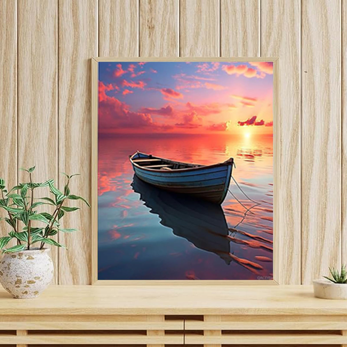 QACEYID Ocean Scenery Paint by Number DIY Acrylic Painting Paint by Number Kit for Adults Beginner Small Wooden Boat DIY Painting by Numbers Painting Arts Craft 16x20In Sunset Sky Clouds QACEYID