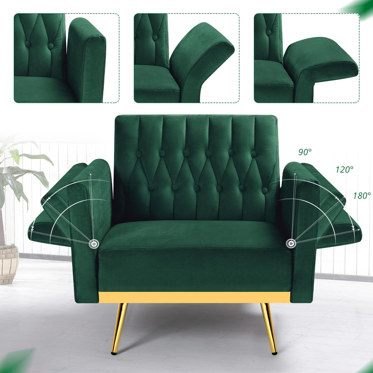 ACMEASE Velvet Accent Chair with Adjustable Armrests and Backrest, Button Tufted Lounge Chair, Single Recliner Armchair with Ottoman and Pillow for Living Room, Bedroom, Green ACMEASE