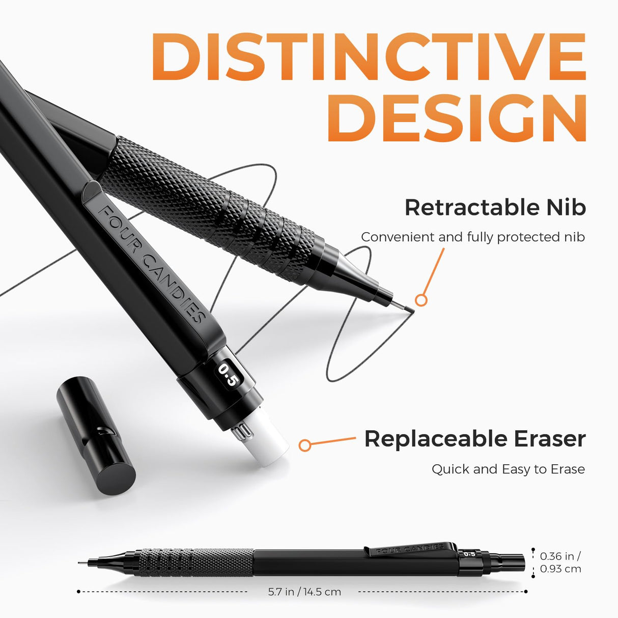 Four Candies Metal Mechanical Pencil Set, 3PCS Art Drafting Pencils 0.5, 0.7, 0.9MM & 2PCS 2MM Mechanical Drawing Pencils with 420PCS Leads (4B 2B HB 2H Color) for Writing Sketching Drawing (Black) Four Candies