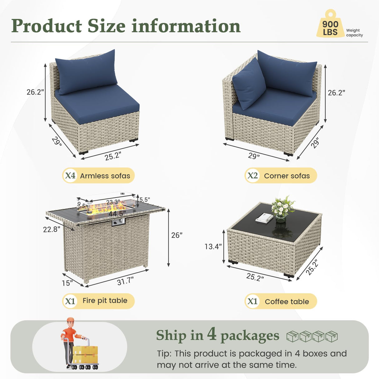 UDPATIO Patio Furniture Set with Fire Pit Table, 8 Pieces Outdoor Sectional Sofa, PE Wicker Patio Conversation Set for Garden, Backyard Blue UDPATIO