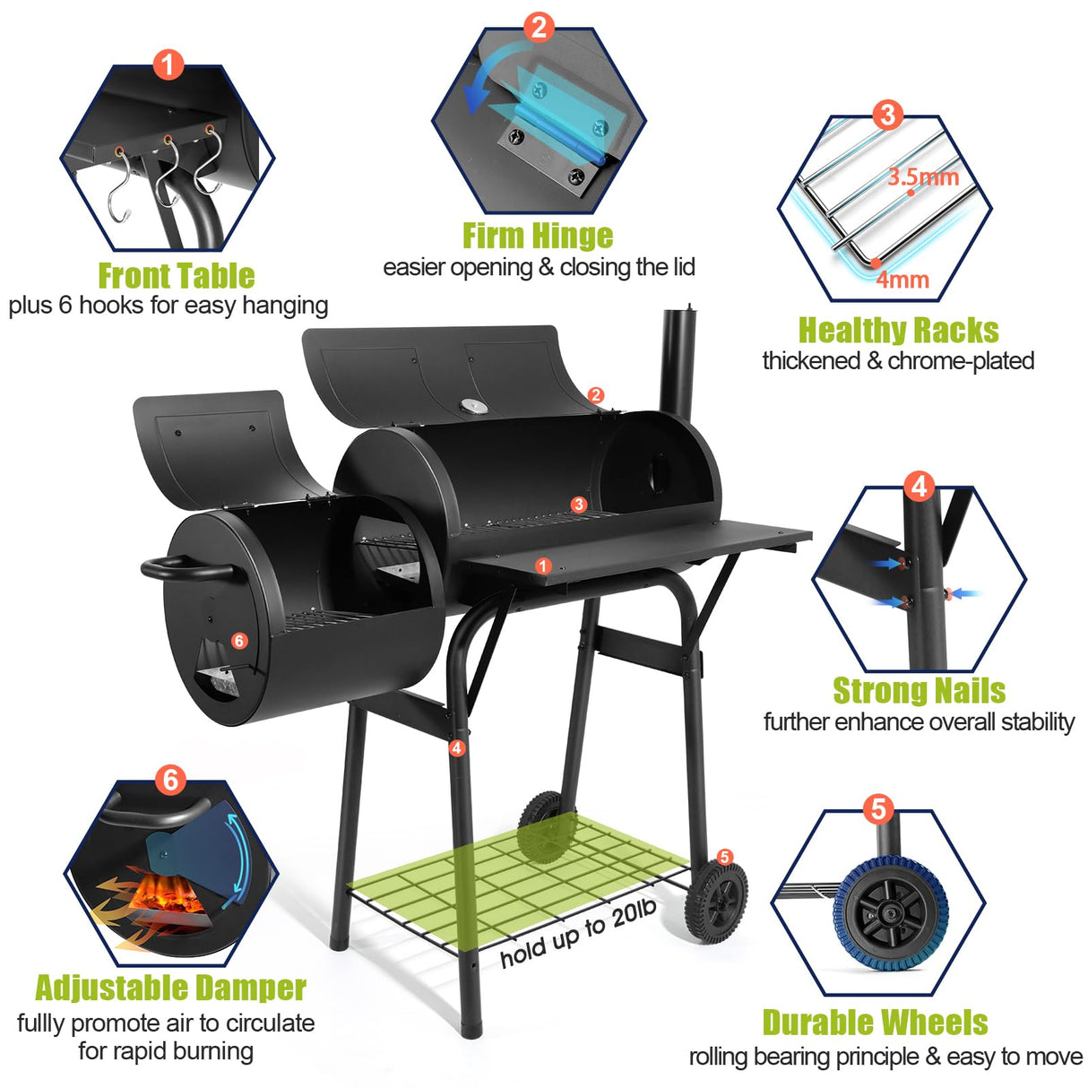 HaSteeL Charcoal Grill with Offset Smoker, Outdoor Barrel BBQ Grill, Camping Barbecue Grill for Patio Backyard Garden Party Picnic, Large 420.SQ.IN Cooking Area, 2 Screwdrivers & 6 Hooks - Black HaSteeL