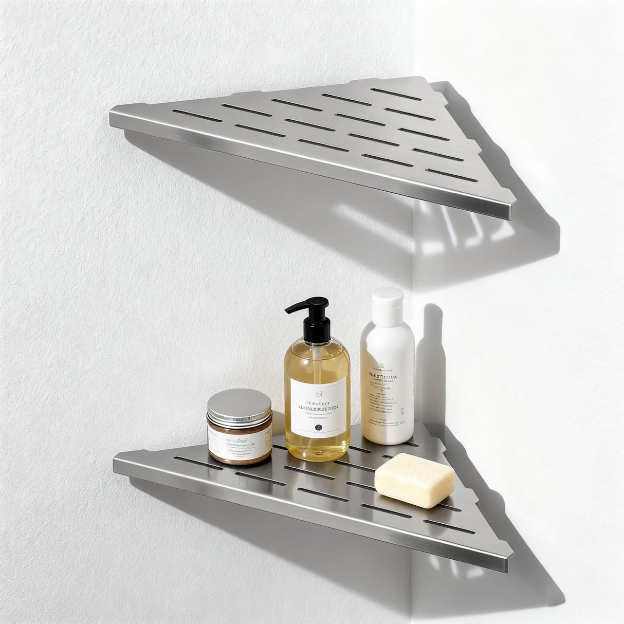 BWE 10" Shower Corner Shelf, 304 Stainless Steel Shower Shelves, Slot Design Corner Shower Shelf, Recessed Bathroom Storage Organizer for Tiled Wall,No Drilling Need, Brushed Nickel 2 Pack BWE