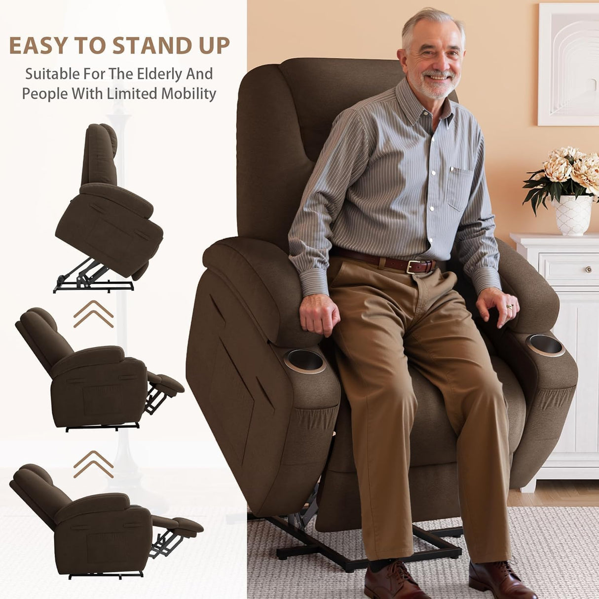 Flamaker Power Lift Chair Massage Recliner Chairs for Elderly - Ergonomic Design with Cup Holders & Side Pockets, Remote Control (Brown) Flamaker