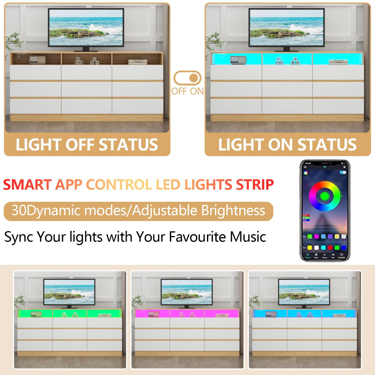 Auromie 6 Drawers Dresser, Double Modern Chest of Drawers with Power Outlet, Dresser TV Stand with Led Light Strip, Drawer Organizer for Bedroom, Living Room, Hallway (Light Walnut + White, 9 Drawer) Auromie