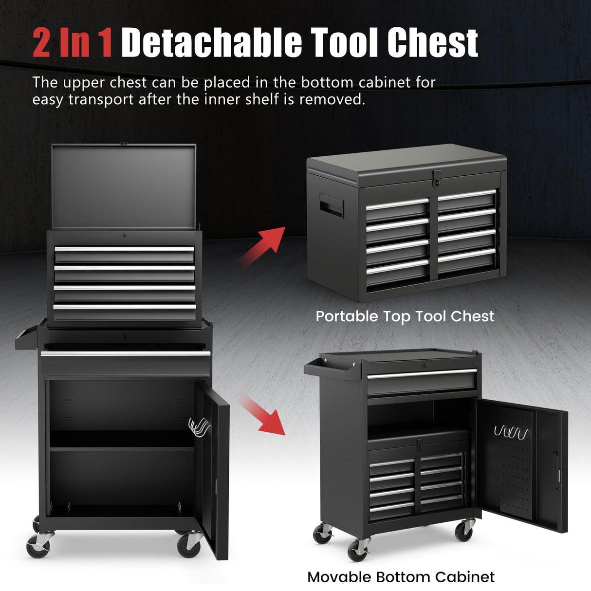 Goplus Rolling Tool Chest, 5 Drawers Tool Storage Cabinet with Universal Lockable Wheels, Detachable Top Toolbox, Lock Bar, Protective Liner, Heavy Duty Metal Tool Cart, Tool Box for Workshop Garage Goplus