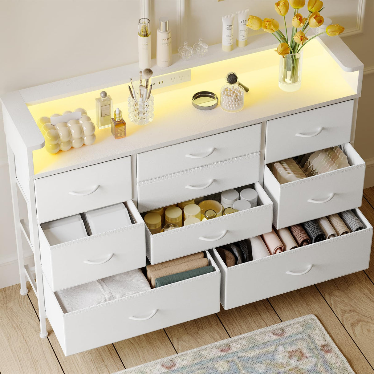 Fixwal White LED Dresser for Bedroom, Dresser with 9 Drawers and Charging Station, Fabric Chest of Drawers with PU Finish, Entryway, Living Room, Hallway Fixwal