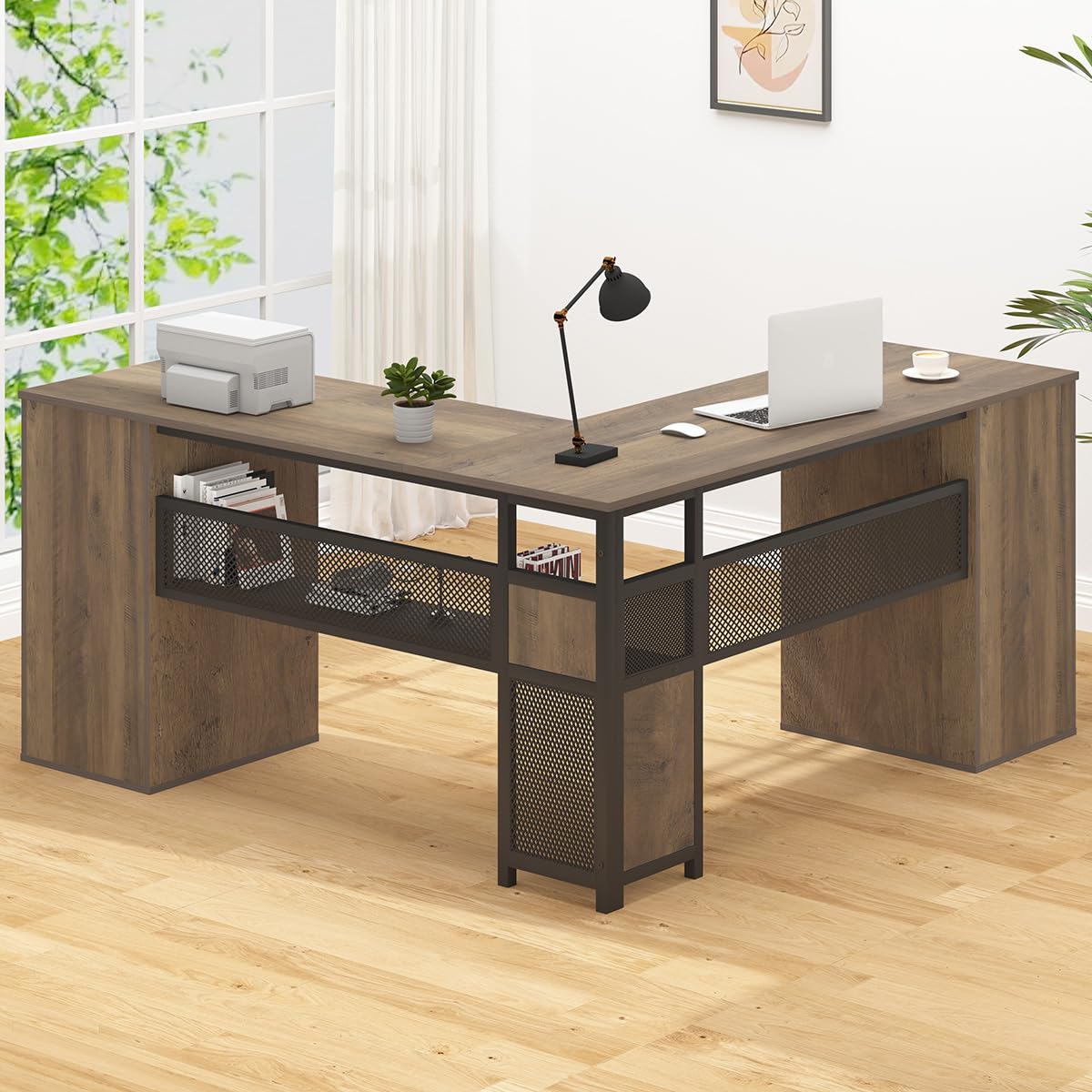 HSH Large L Shaped Home Office Desk with Drawers, Rustic L-shaped Computer Desk with Storage File Cabinet Shelves, Corner Reversible Metal Wood Executive Work Study Writing Table, 59 Inch Bedroom Desk HSH