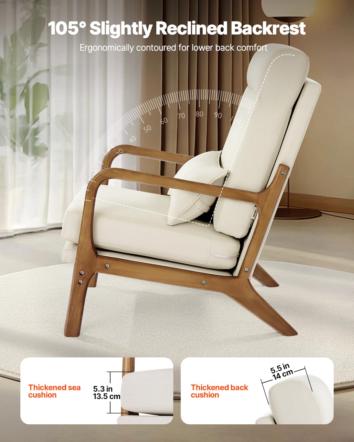 VEVOR Accent Chair, High Back Mid Century Modern Armchair with Solid Wood Frame and Non-Slip Legs, Upholstered Leisure Chair with Linen Fabric and 5.3 in Thickened Cushion, for Living Room, Bedroom VEVOR