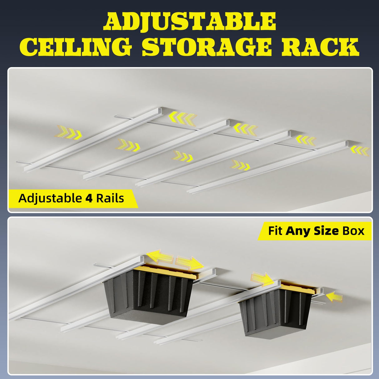 Mokemok Overhead Garage Storage Rack Extra Large-Organizes Up to 15 Tote Bins 0.1-inch Thickened Heavy Alloy Steel Garage Tote Storage System with Adjustable Rails-Ceiling Storage Rack Mokemok