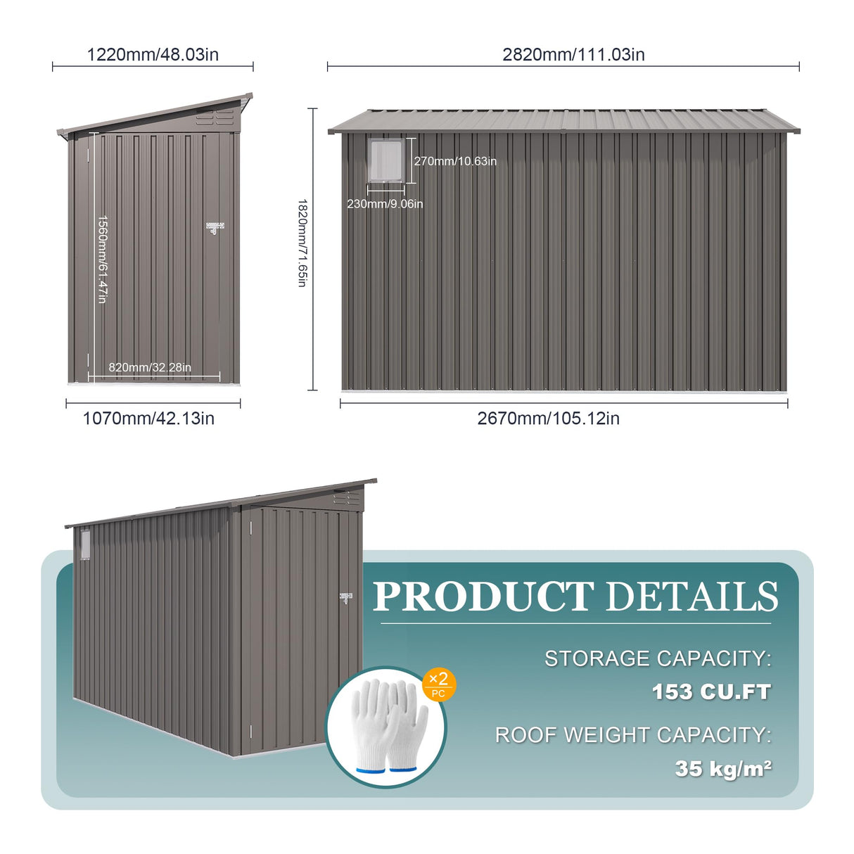 Vigo huseeo 4 * 9.2 FT Outdoor Storage Shed, Galvanized Steel Garden Shed with Lockable Door & Window, Waterproof Metal Tool Storage for Garden, Backyard, Patio, Lawn(Gray) Vigo huseeo