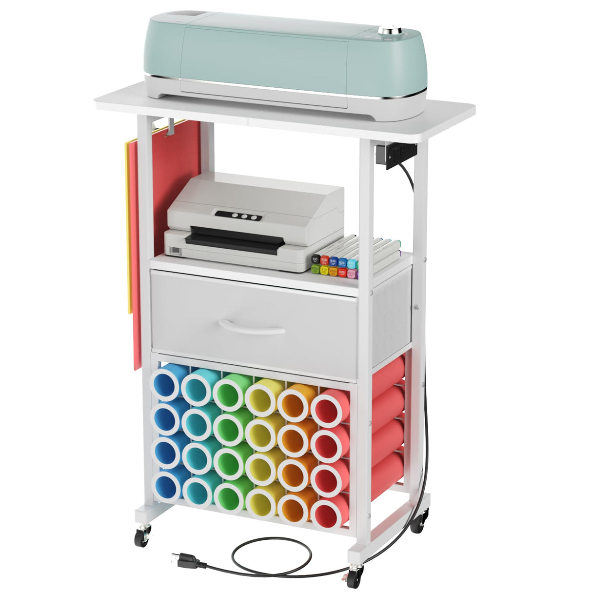 Rolling Craft Cart with Charging Station & Fabric Drawer, 24 Vinyl Roll Holders for Cricut, Organizers and Storage Compatible with Maker, Organization for Craft Room, White Jchccu