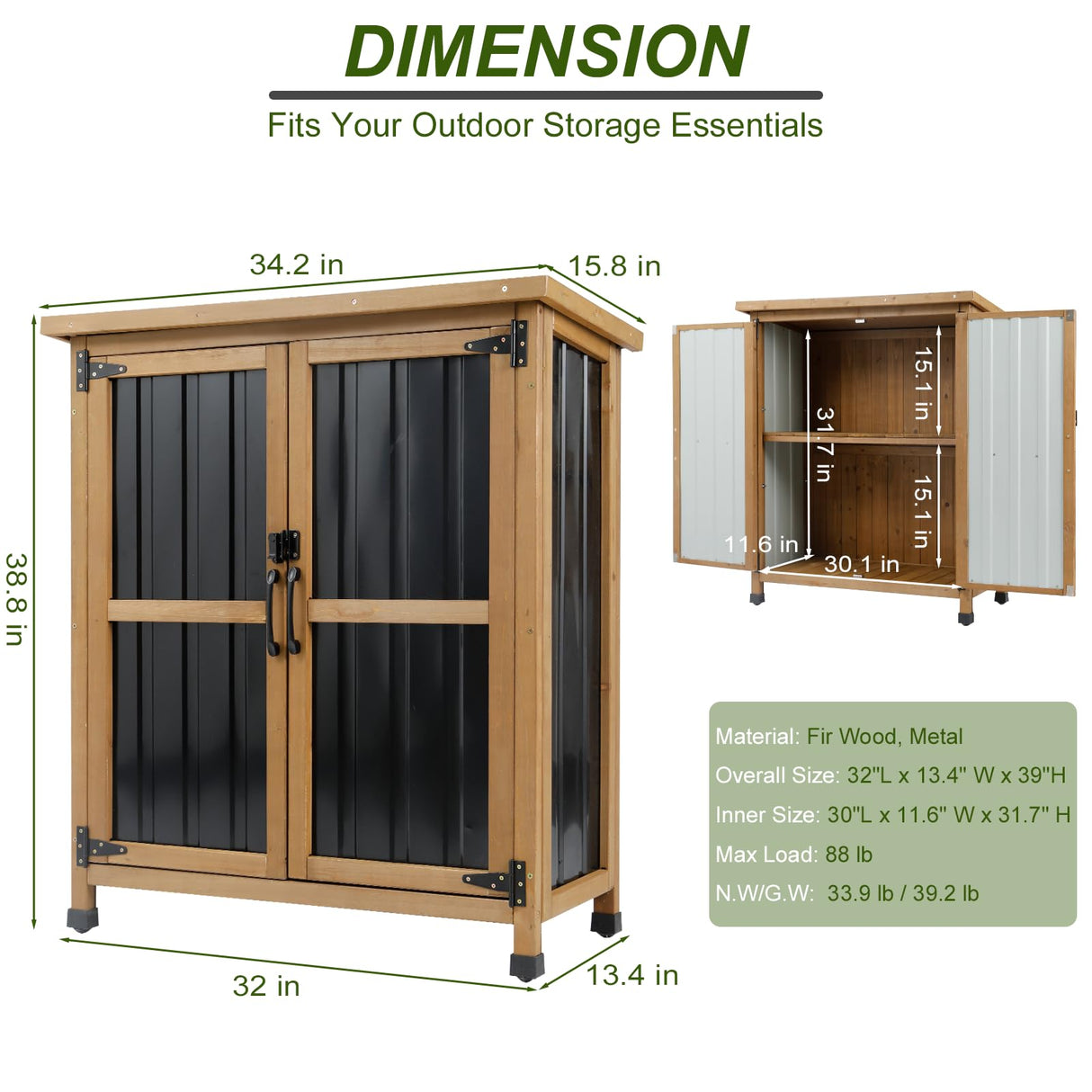 Ketive Outdoor Storage Cabinet, Wood & Metal Small Storage Shed with Weather-Resistant Asphalt Roof, Double Lockable Doors & Removable Shelves for Porch, Patio, Garden, Backyard, 32" x 13" x 40" ketive