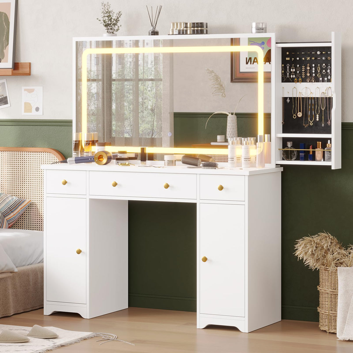 Hasuit Makeup Vanity Desk with Large Mirror and LED Lights, Vanity Table with Sliding Jewelry Cabinet and Power Outlets, Vanity with Storage Cabinets & Drawers, 3 Lighting Modes Brightness Adjustable Hasuit
