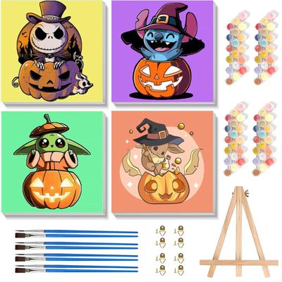 4 Pack Halloween Cartoon Paint by Numbers for Kids with Framed Canvas-with Wooden Easel, Pumpkin Paint by Number for Kids Ages 4-8-12, DIY Easy Acrylic Oil Painting Kits for Home Wall Decor (8X8inch)