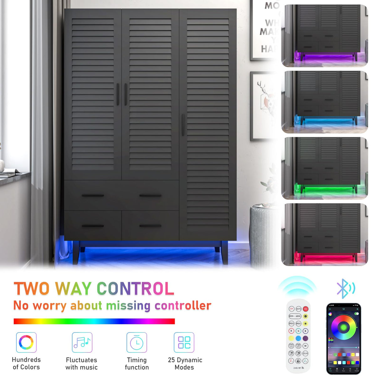 jiteentarou 3 Door Armoire Wardrobe Closet Cabinet with Drawers and LED Lights, Multi-Tier Shelves, Hanging Rod & 3 Louver Doors, Large Capacity Storage Wardrobe Armoire for Bedroom(3 Doors Black) jiteentarou