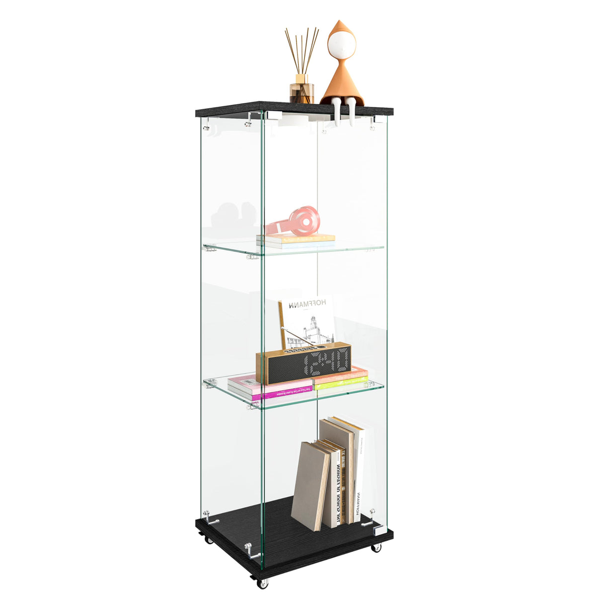 LKTART Glass Display Cabinet 3 Shelf with Single Door, Curio Display Cabinet with 12 Adjustable Color Led Light, 4 Caster Wheels with Brakes, 360 Rotation of Display Cabinets for Collectibles, Black LKTART