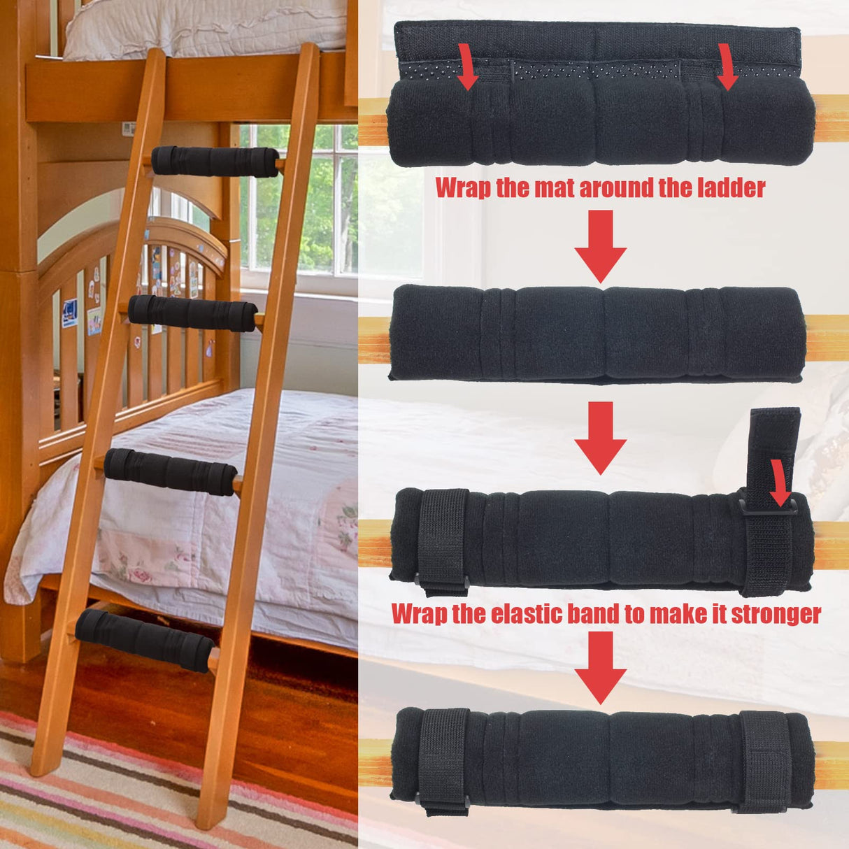 SANJHFF 4 Pcs Bunk Bed Ladder Pads,with 8 Adjustable Hook & Loop Straps,Bunk Bed Ladder Cover,Ladder Step Pads Loft Bed, Suitable for Safe and Comfortable Climbing,10x10 Inch (Ladder Not Included) SANJHFF