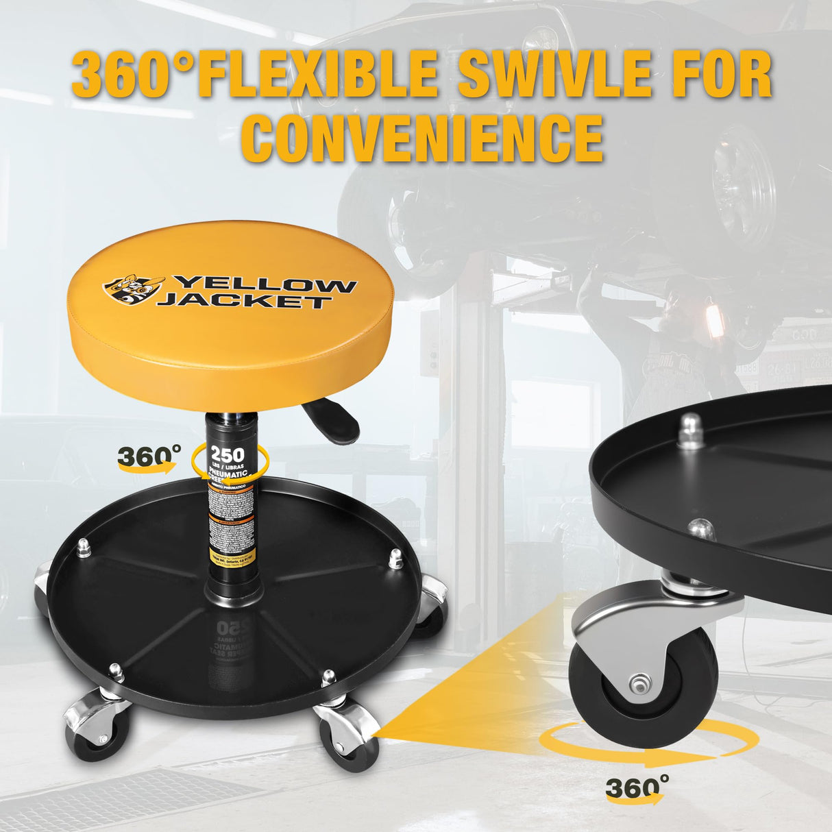 YELLOW JACKET Rolling Mechanic Stool with Wheels Pneumatic Garage Shop Seat Adjustable Height Roller Mechanics Creeper Chair with Tool Tray for Auto Repair YELLOW JACKET