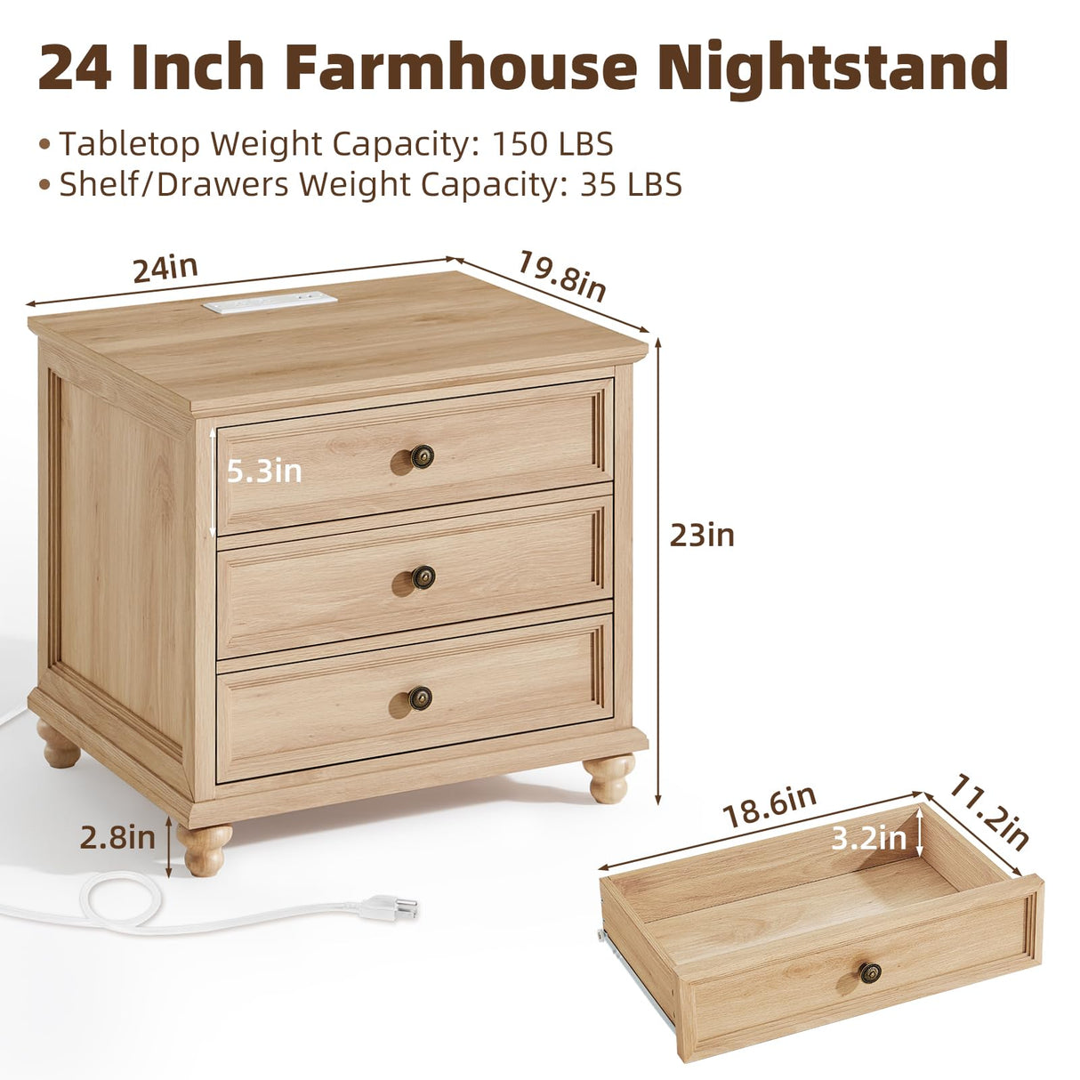 Joaxswe Farmhouse Nightstand with Charging Station, 24" Wide End Table with 3 Drawers,Natural Wood Dresser for Bedroom, Bed Side Table Chest of Drawers Cabinet,Night Stand for Living Room, Closet Joaxswe