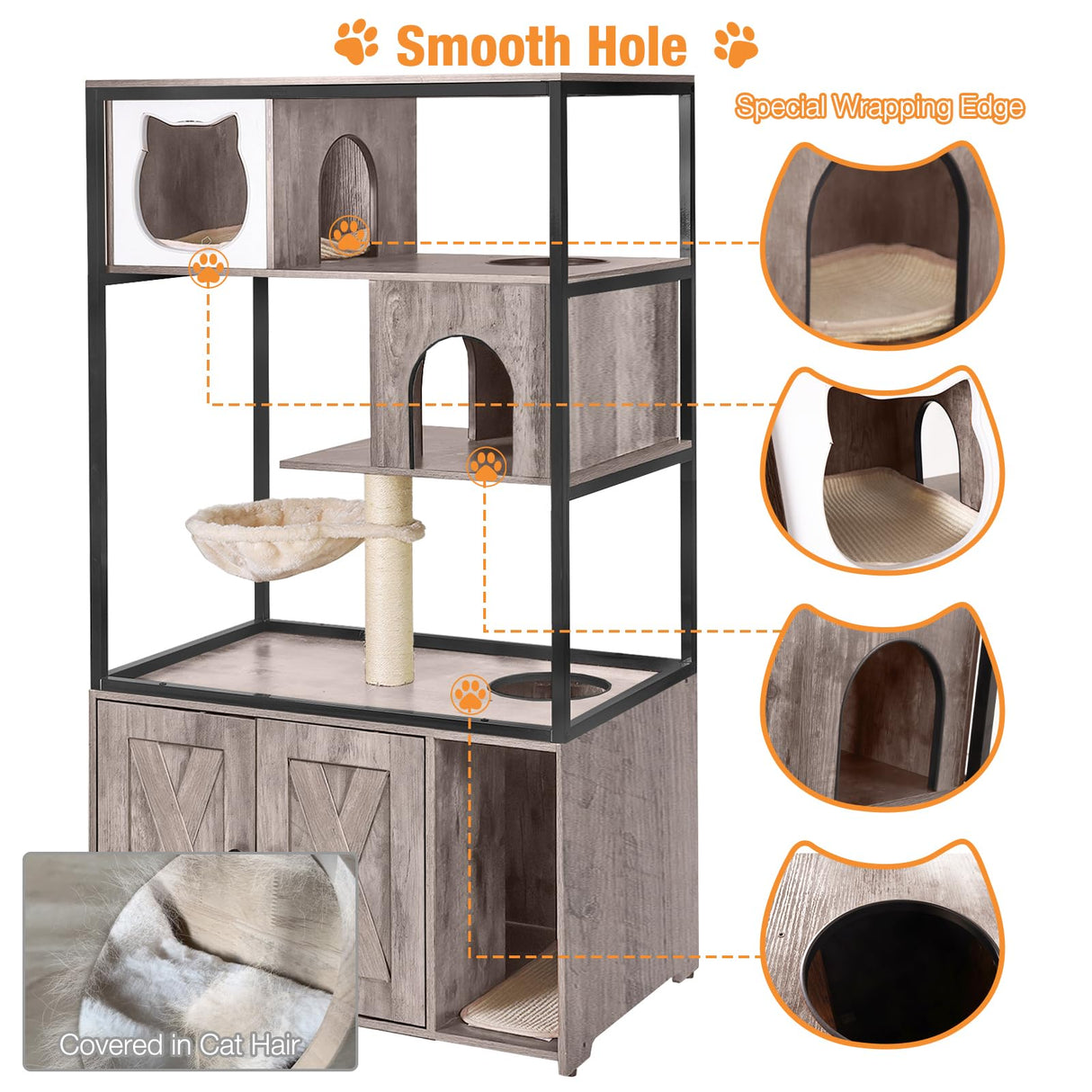 Cat Litter Box Enclosure,Hidden Litter Box Furniture with Metal Frame,Wooden Kitty House with Barn Door,Wooden Cat Washroom Furniture,Fit Most of Litter Box (Grey, M) Suumerpety