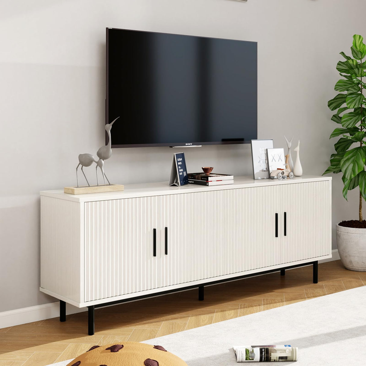 MUUEGM Modern TV Stand for Televisions up to 80 Inch, Entertainment Center with Storage, Cabinet with Fluted Door and Adjustable Shelf, Console Table and Media Furniture for Living Room, White MUUEGM
