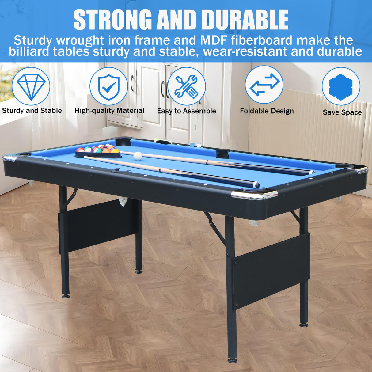 BOSTANA 5.5 ft Pool Table, Billiards Table with Balls, Cues, Chalks and Brush, Portable Foldable Pool Table Perfect for Family Game Room, Blue Black BOSTANA