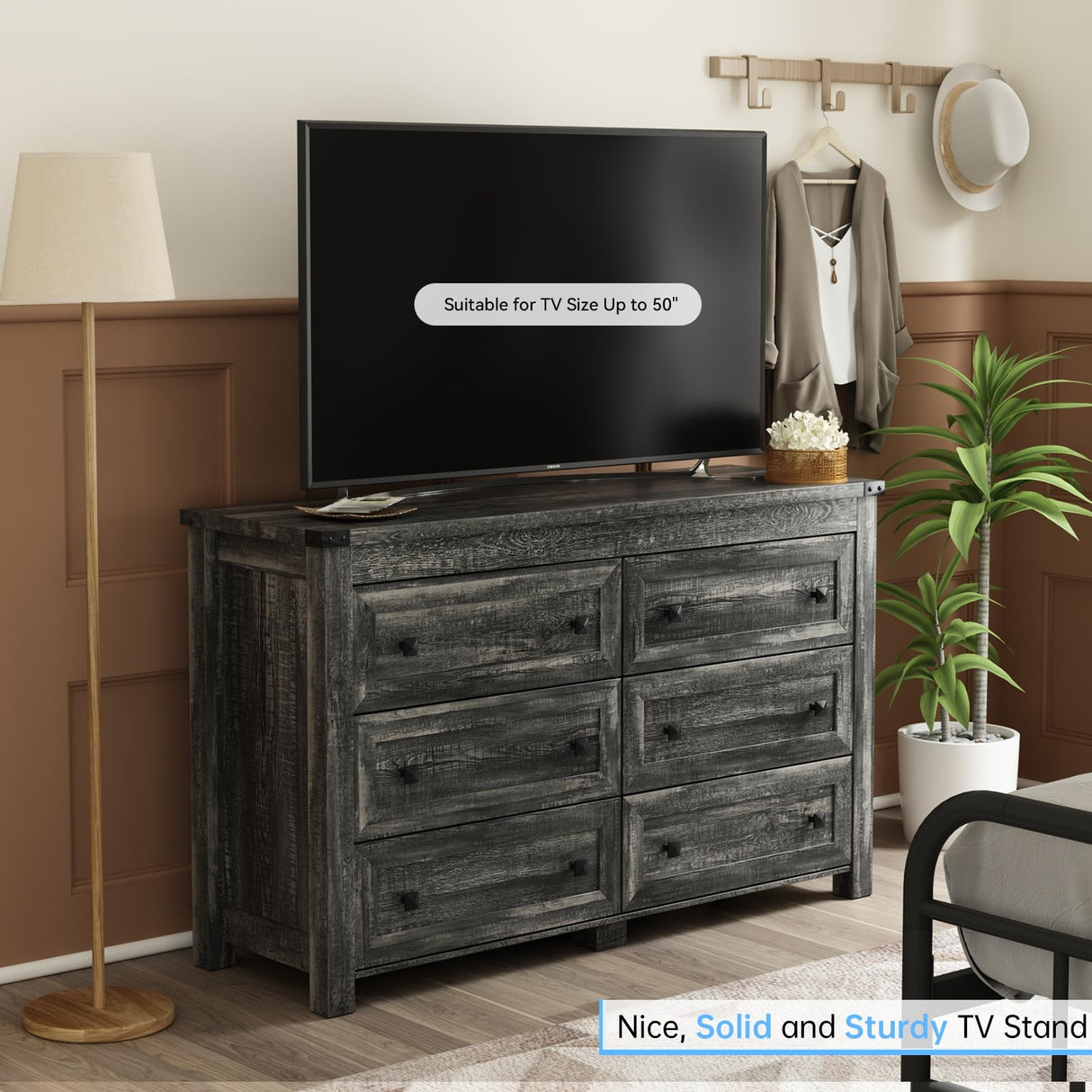 HUANLEGO Grey Dresser for Bedroom with 6 Drawers, Farmhouse Wood Dressers Bedroom Furniture 6 Chest of Drawers, Rustic Wide Storage Drawers Dressers Organizer for Closet, Living Room, Hallway HUANLEGO