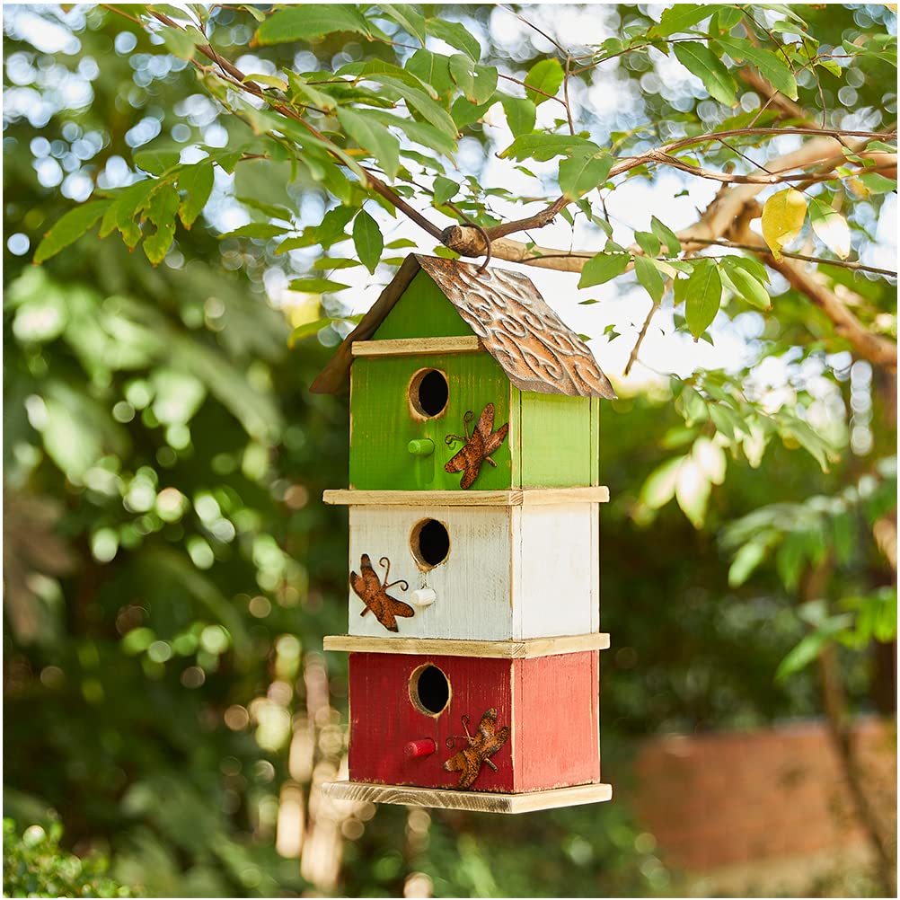 Glitzhome 13.75" H Multicolored Three-Tiered Distressed Solid Wood Birdhouse Garden Hanging Bird House for Outdoors Glitzhome