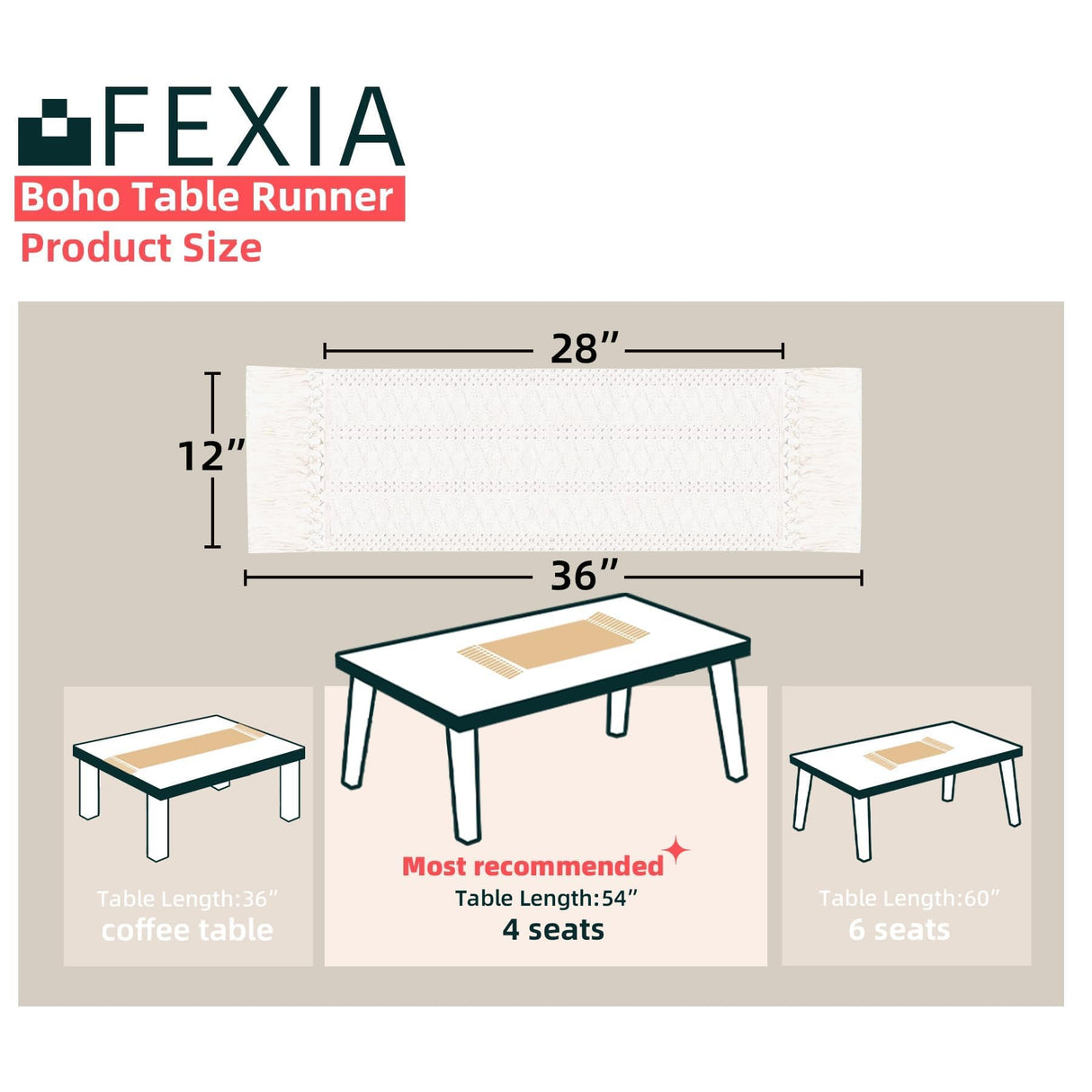 FEXIA Boho Macrame Table Runner with Tassels 36 Inches Long Cream for Farmhouse Home Decor Bohemian Dining Bedroom Decor Rustic Bridal Shower (12x36 Inches) FEXIA