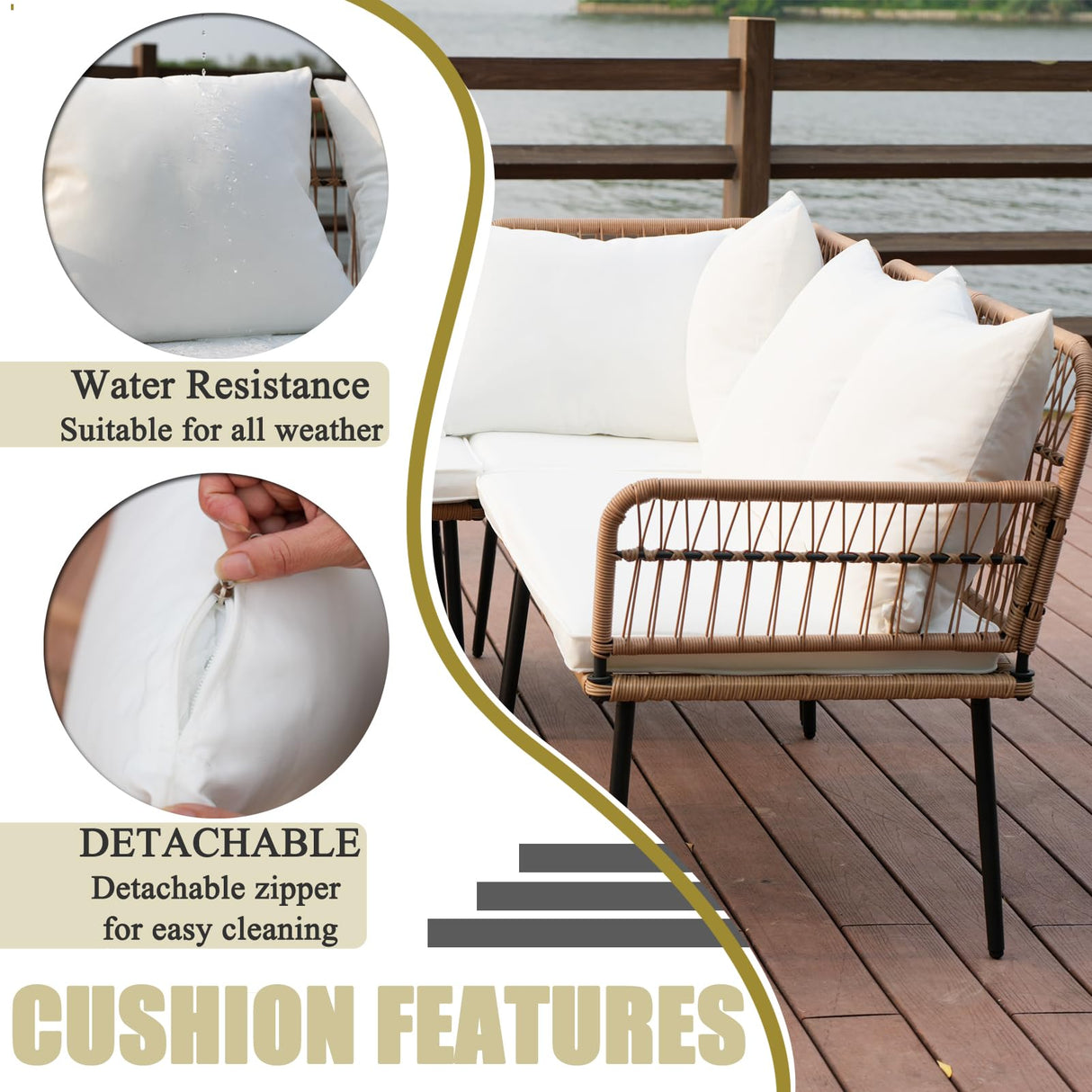 Homsido 4 Pieces Patio Sectional Furniture Chairs Set Boho Water-Resistant Outdoor Indoor Wicker Sectional Sofa Beige Woven PE Rattan Conversation Chat Set with Rect Side Table(White Cushions) Homsido