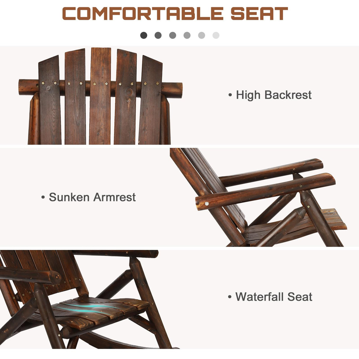 HOMEDIARY Wooden Adirondack Rocking Chair, Patio Log Rocker Outdoor Lounge Chair with Slatted Wooden Design, High Fanned Back & Classic Rustic Style for Garden Patio Backyard Porch, Carbonized HOMEDIARY