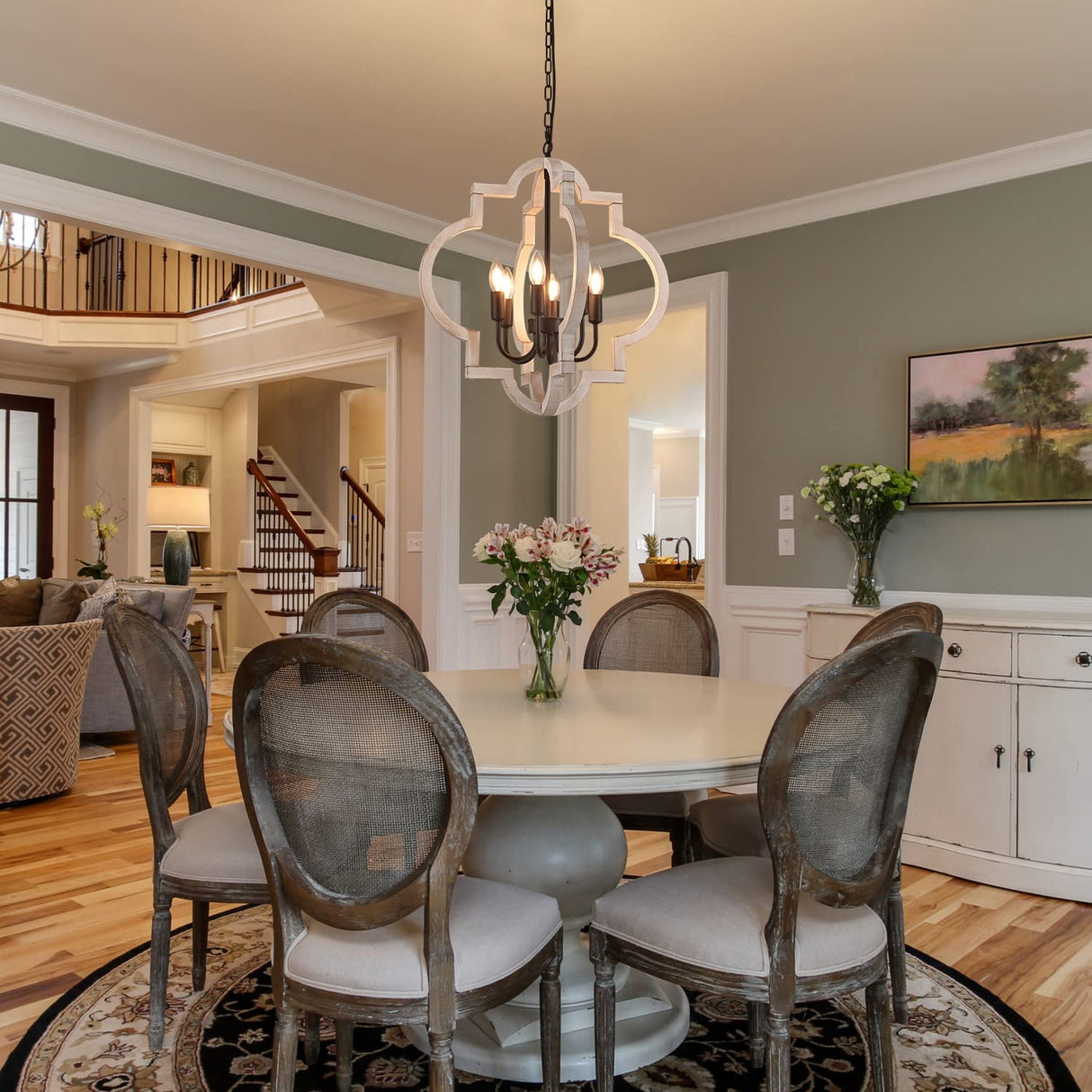 lighceac 6-Light 21" Farmhouse Orb Chandelier Rustic Handmade Distressed White Wood Hanging Ceiling Pendant Light Fixture Wood Lantern Chandeliers for Dining Room Kitchen Bedroom Foyer Hallway lighceac