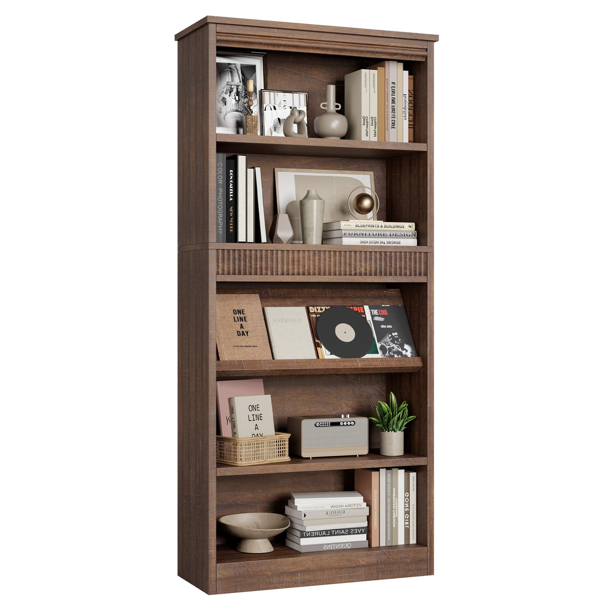 GarveeHome 71 in Farmhouse Bookcase w/Display Rack & Fluted Design, 5 Tier Tall Bookshelf with Wooden Base, Wood Bookshelf Vintage Book Shelf for Office Library (Brown, 71.5" H x 30.7" W x 11.9" D) GarveeHome