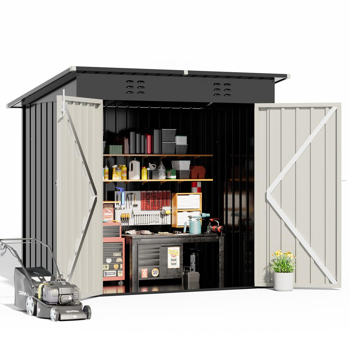 COMHOMA Shed Outdoor Storage Shed Metal,Lockable Doors Tool Sheds with Sloping Roof,Steel Garden Shed with Air Vent for Backyard,Patio,Lawn,Poolside (Black, 6'*4') COMHOMA