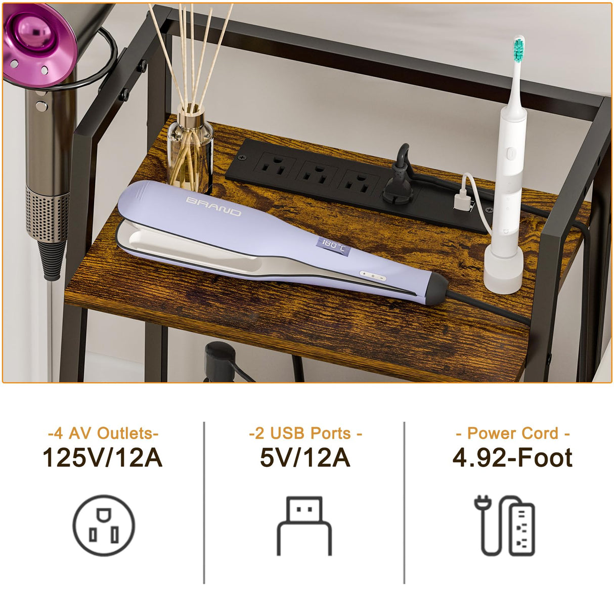 keomaisyto 3-Tier Bathroom Shelves with Power Strips, Ladder Shelf for Storage, Rustic Bathroom Stand Organizer, Display Nightstand with Space-Saving Design, Stylish Storage Solution for Home keomaisyto