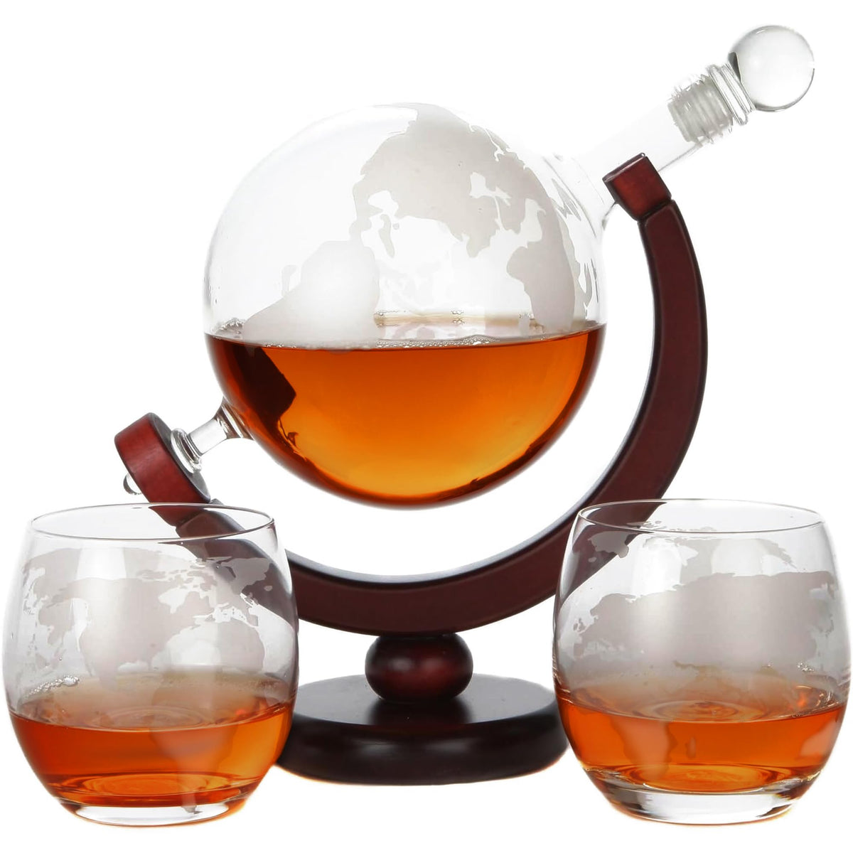 Lily's Home World Globe Whiskey Decanter with Dark Finished Wood Stand, Bar Funnel, and 2 Matching Glasses (850 ml) Lily's Home