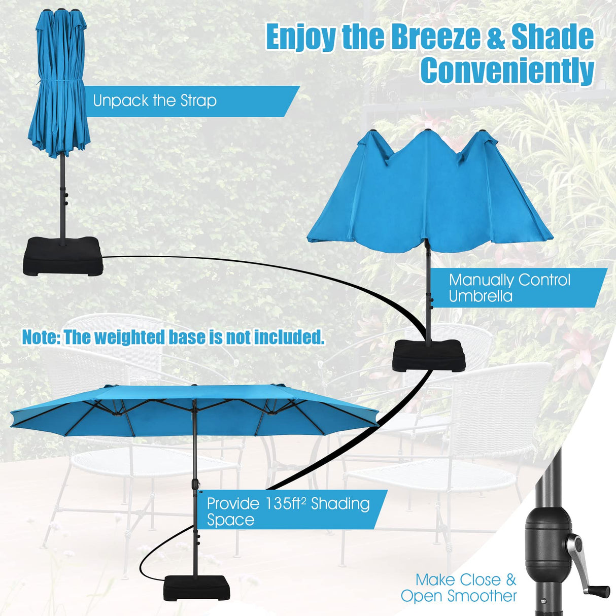 Tangkula 15Ft Double-Sided Patio Umbrella, Outdoor Extra Large Umbrella W/Hand-Crank System & Air Vents, Market Twin Umbrella W/ 12-Rib Sturdy Metal Frame for Poolside, Garden Backyard (Blue) Tangkula