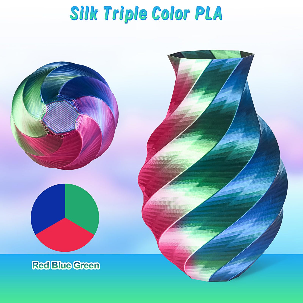 ERYONE Silk Tri Color PLA Filament 3D Printer 1.75mm +/- 0.03mm, Multicolor Filament Tricolor PLA 250G(0.55lbs) Cardboard Spool, Red Blue Green ERYONE
