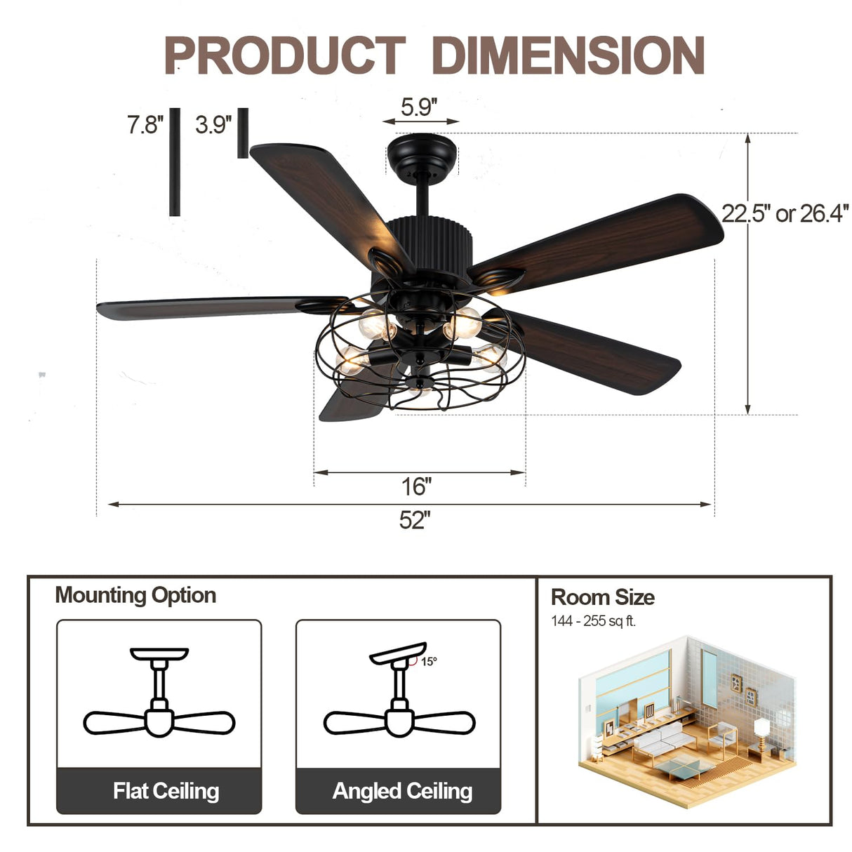 Curve Curio 52 Inch Farmhouse Ceiling Fan with Light Black Rustic Ceiling Fan Quiet and Reversible DC Motor Caged Chandelier Fan for Living Room Bedroom Patio Curve Curio