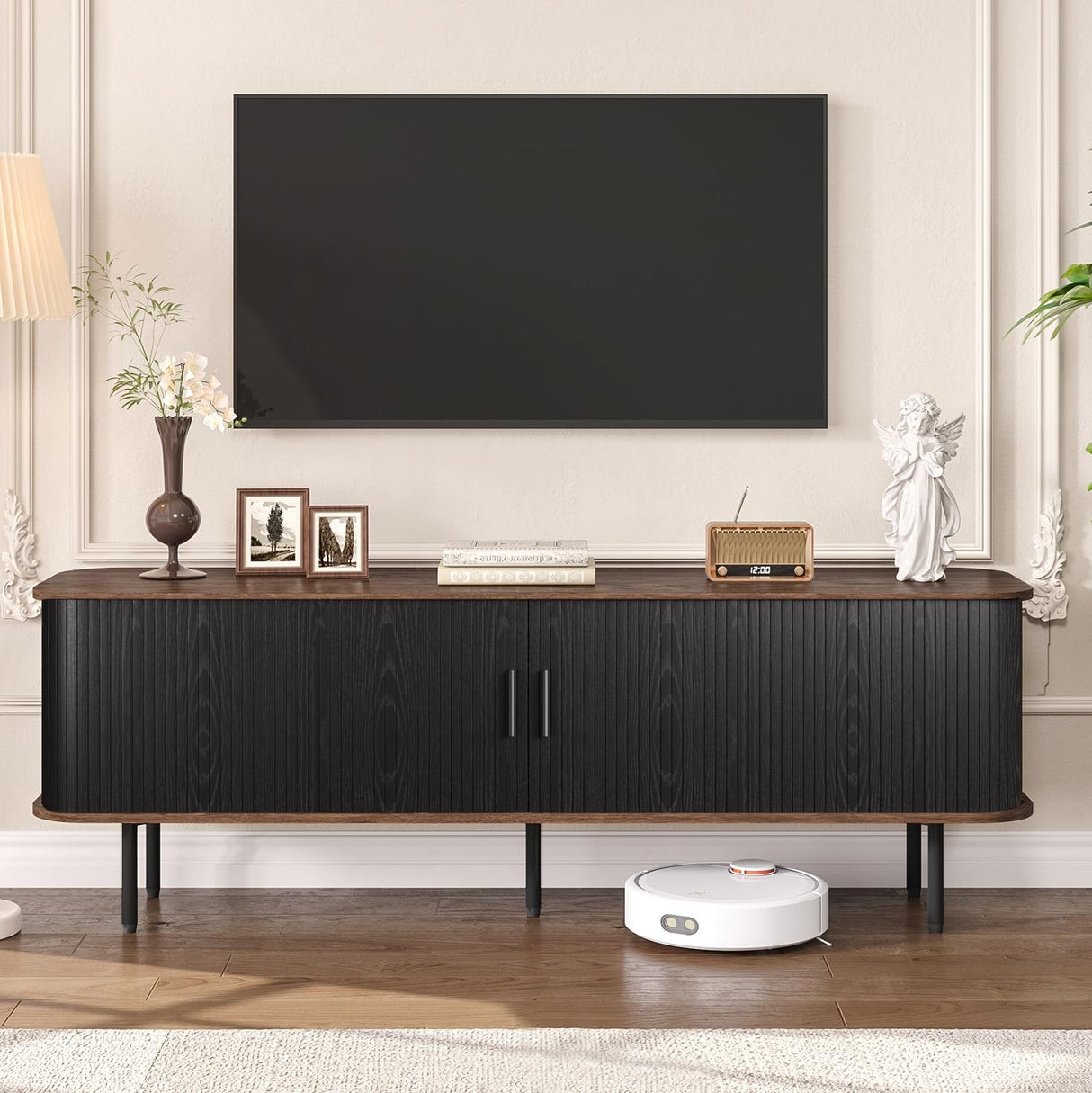 63" Modern Fluted TV Stand for TVs up to 75 Inch , Gaming Entertainment Center with Tambour Slatted Sliding Doors and Storage Cabinet, Media TV Consoles Table for Living Room, Office, Black FiveWillowise