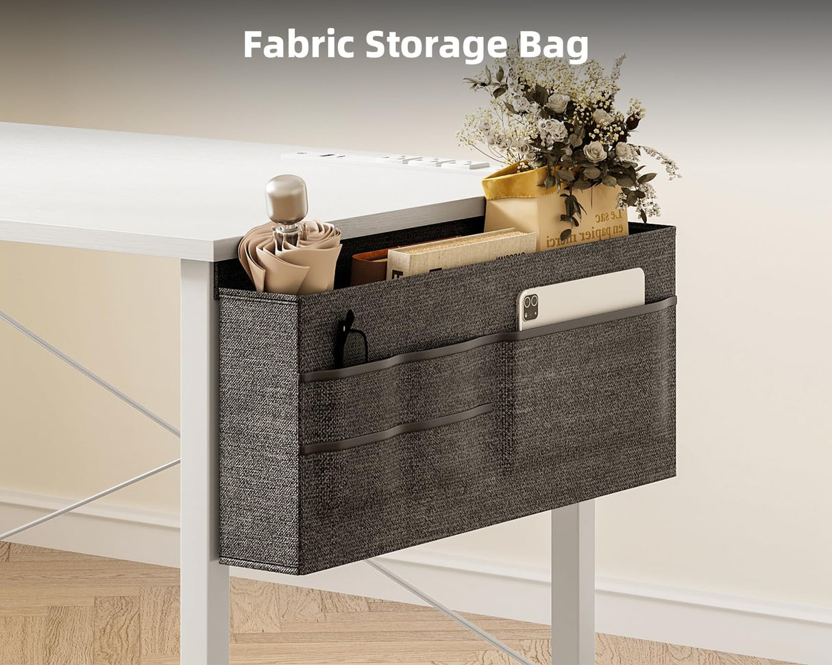 ODK Computer Desk - 40 Inch Office Writing Desk for Home, Student Study Desk with Storage Bag, Headphone Hook & Power Outlets, Modern Simple Table for Bedroom, White ODK