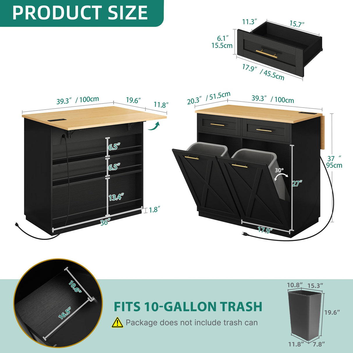 YITAHOME Drop Leaf Kitchen Island with Double Tilt Out Trash Cabinet, Rolling Kitchen Trash Recycling Cabinet with Power Outlet, Drawers, 20 Gallon Garbage Bin Storage for Kitchen Dining Area, Black YITAHOME