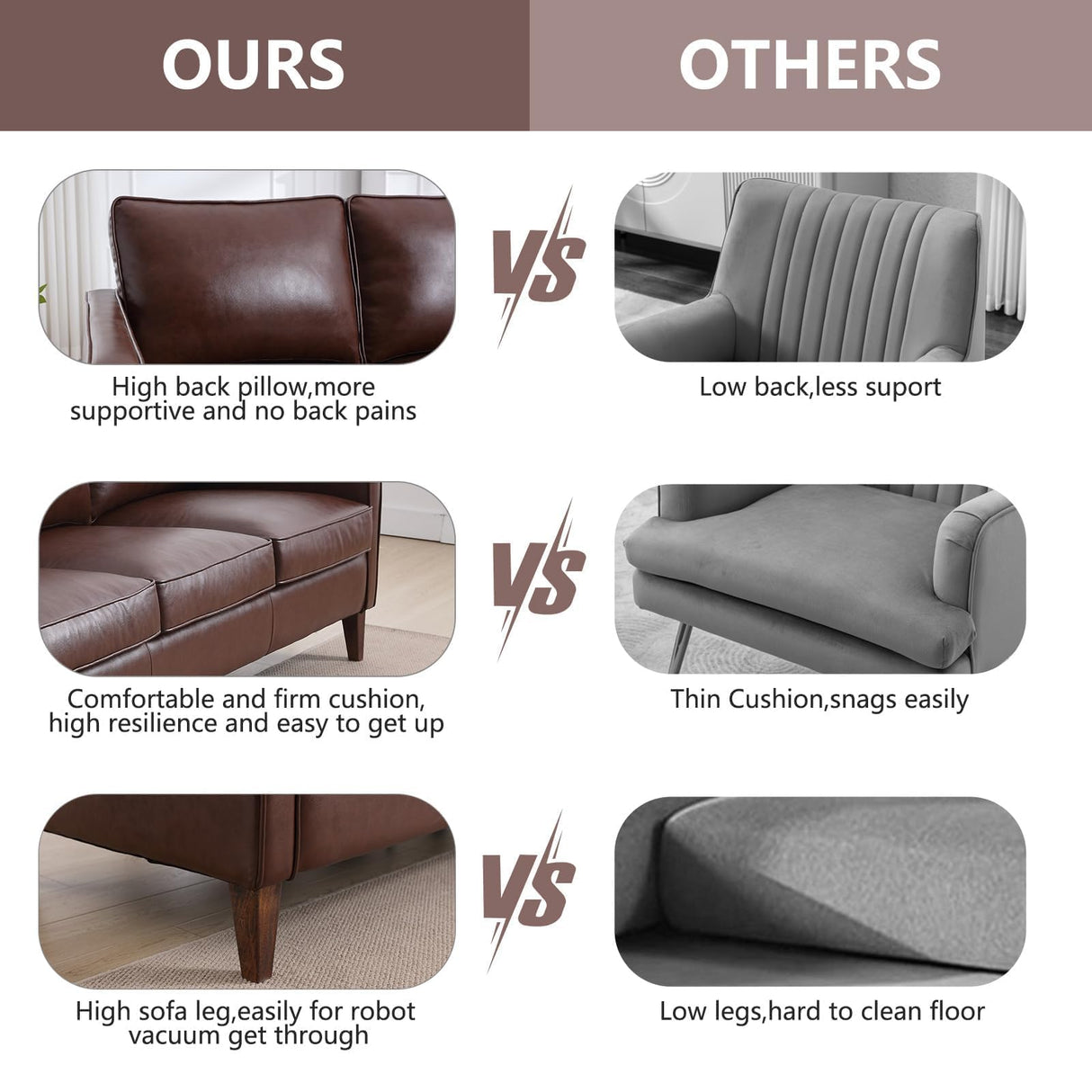 EBELLO 77” Mid Century Modern Sofa Couch, 3 Seater Faux Leather Couches for Living Room, Soft Padded Comfy Cushion, Small Sofa for Small Spaces, Bedroom, Apartment, Dark Brown EBELLO