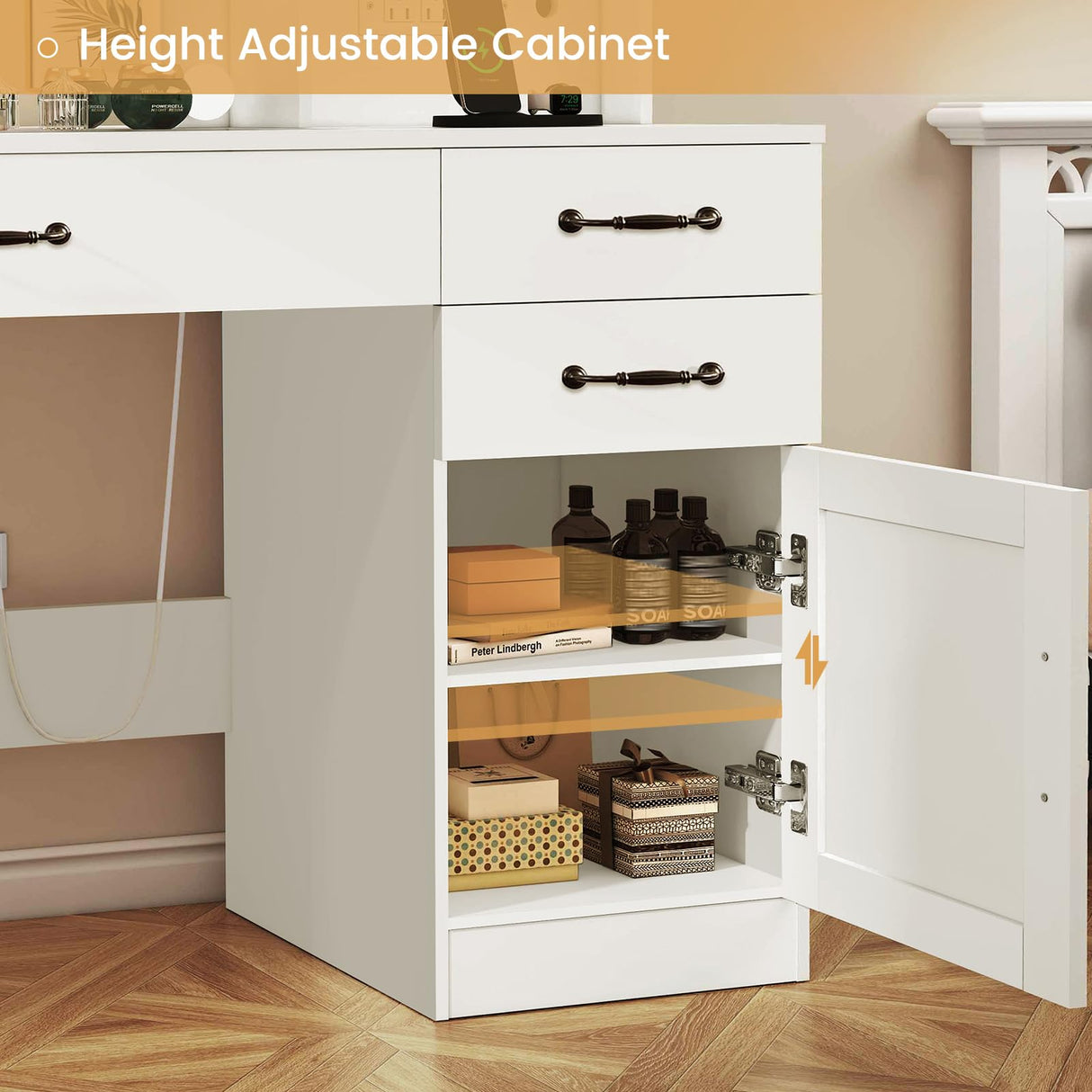 Quimoo Vanity Desk, Makeup Vanity with Lights, Large Mirror Vanity with 3 Drawers and 2 Cabinets, Vanity Table Set with Power Outlet and Glass Tabletop, for Bedroom (White) Quimoo