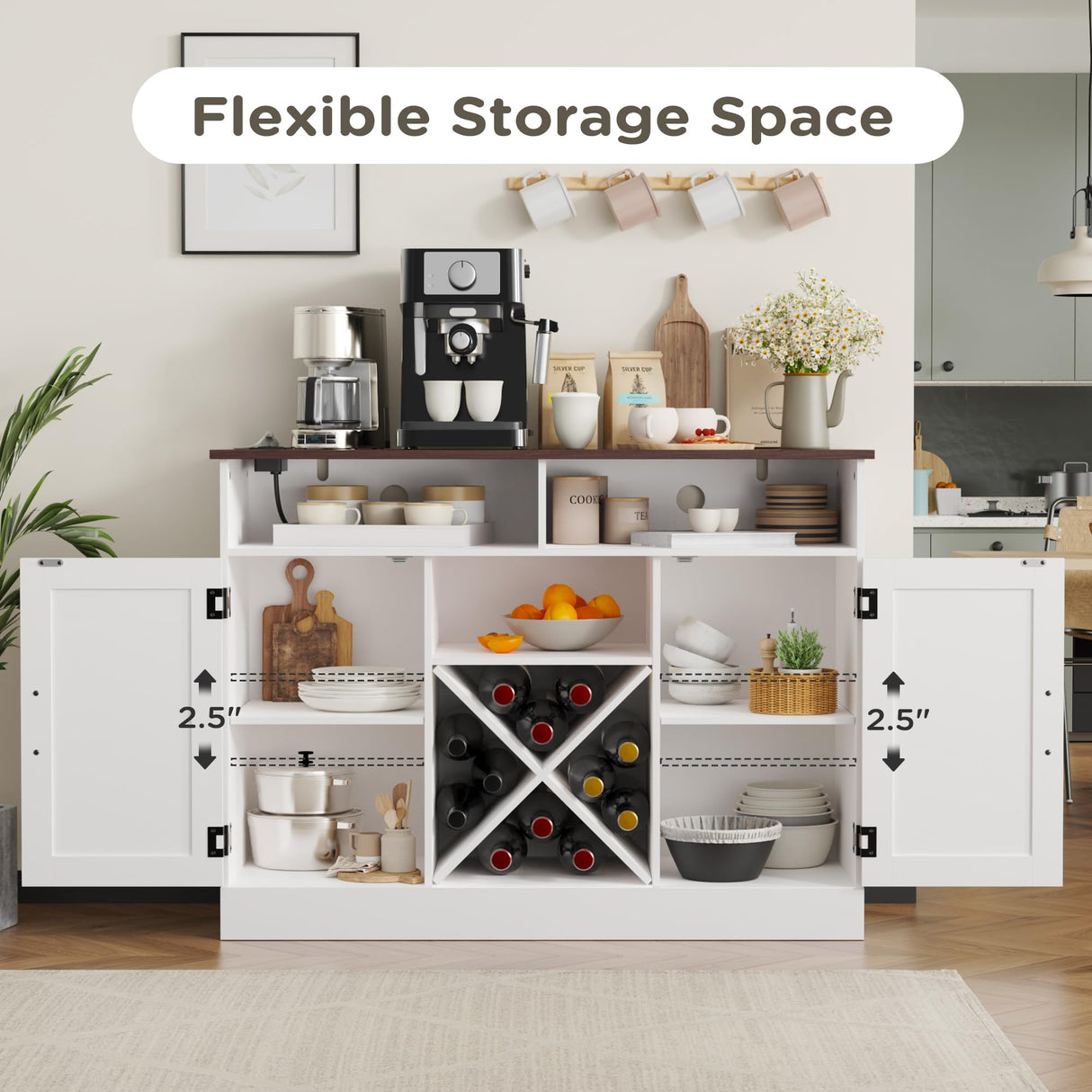 MHOM Farmhouse Coffee Bar Cabinet with Prower Outlets, Rustic Liquor Cabinet with Wine Rack, Wooden Wine Cabinet for Dining Room & Living Room, White MHOM