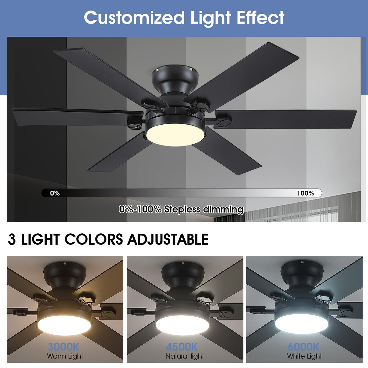 Goniyado 52" Low Profile Ceiling Fans with Lights and Remote,Black Outdoor Ceiling Fans with Quiet DC Motor, Dimmable 6 Speeds Reversible,Modern Flush Mount Light Fans for Living Room Patio Kitchen Goniyado