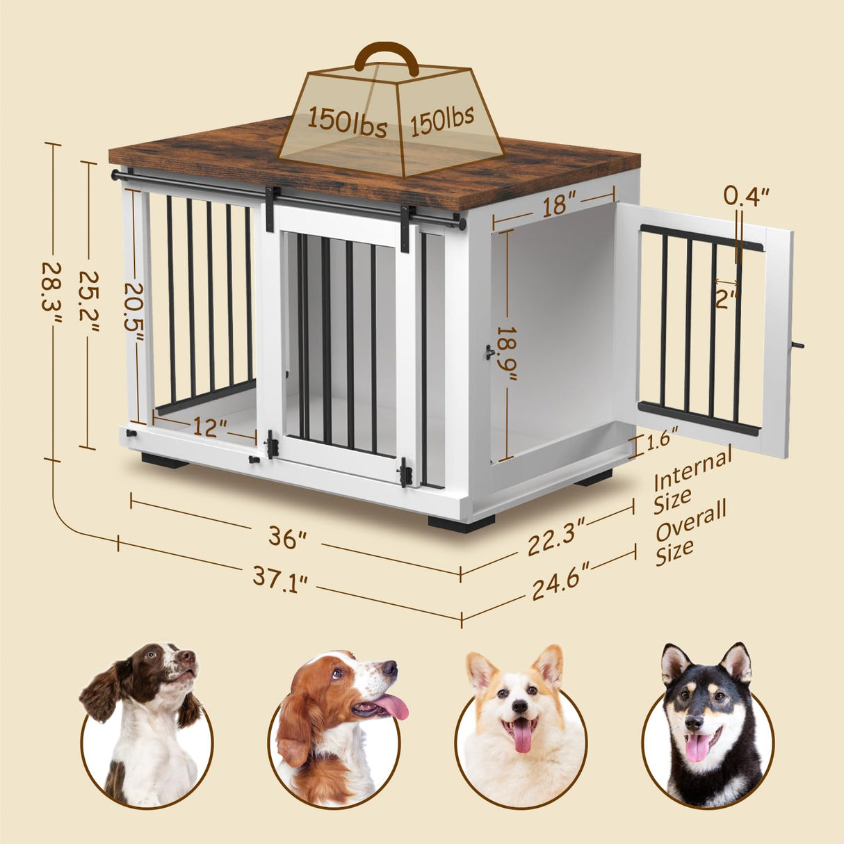 Zakkart Dog Crate Furniture for Large Dogs Up to 60 lbs. - Barn Door Puppy Kennel w/Thickened Farmhouse Top & Metal Bars - 37'' Wide - White Decorative Modern Dog Crate Table, End Table, Nightstand Zakkart